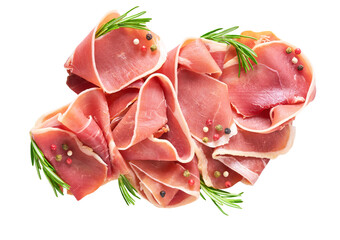 italian parma ham with rosemary and pepper isolated on white background.