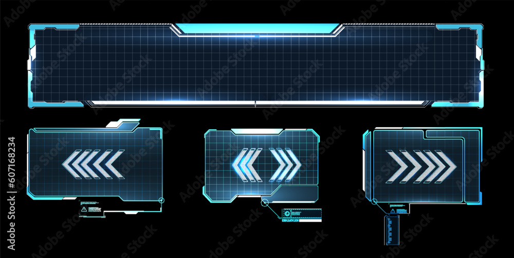 Poster Set of modern frames, callouts for user menu interface elements in futuristic style. Game futuristic digital display, hud tech future frame. Information box bars, modern digital frame layout template