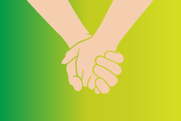 Two people are holding hands tightly on a pastel green background. Concept of love, friendship, closeness and strong connection between people