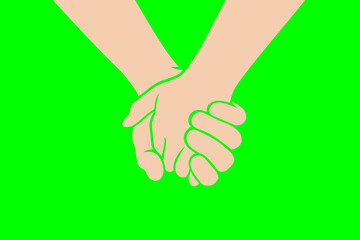 Two people are holding hands tightly on a green background. Concept of love, friendship, closeness and strong connection between people	