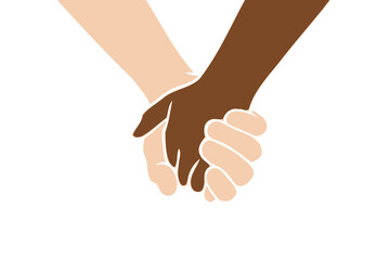 Two people are holding hands tightly on a white background. Concept of love, friendship, closeness and strong connection between people	
