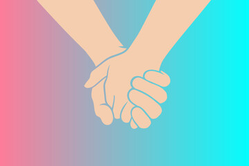 Two people are holding hands tightly on a pastel pink background. Concept of love, friendship, closeness and strong connection between people	