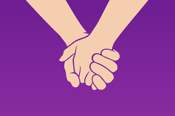 Two people are holding hands tightly on a pastel violet background. Concept of love, friendship, closeness and strong connection between people	