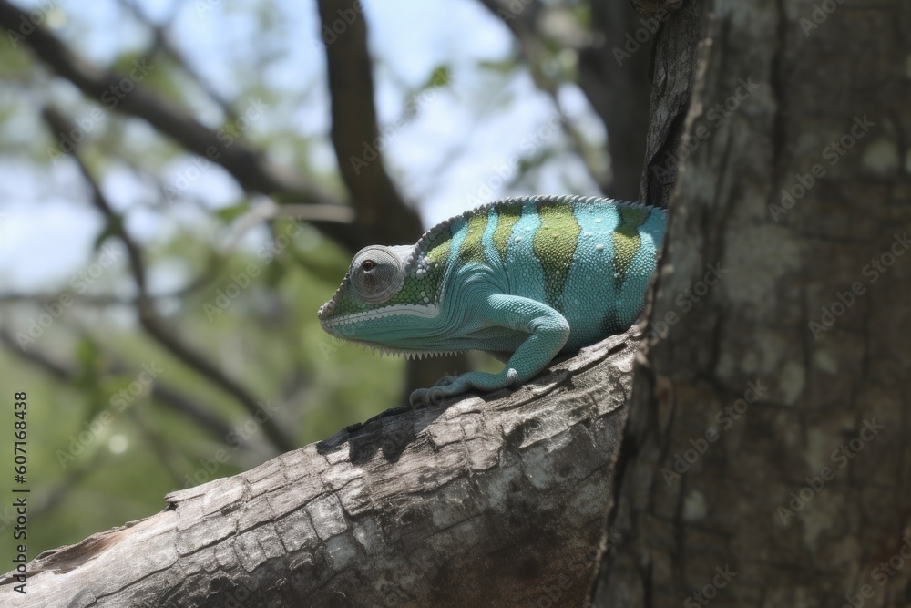 Poster colorful chameleon perched on a tree branch generative ai