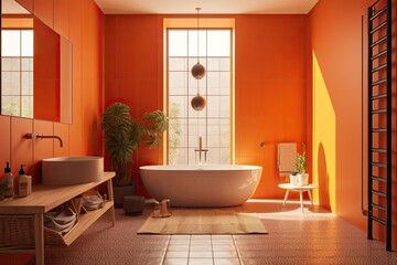 Fototapeta na wymiar Bathroom in a contemporary design with orange walls, Interior Scene and Mockup. Generative AI