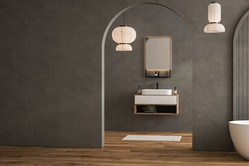 Black bathroom interior with white sink and mirror, carpet on hardwood floor, bathtub, plants. Bathing accessories and window in hotel studio. 3D rendering