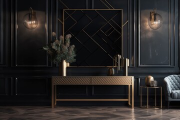 black console and decorations, dark black wall mockup, opulent interior design. Generative AI