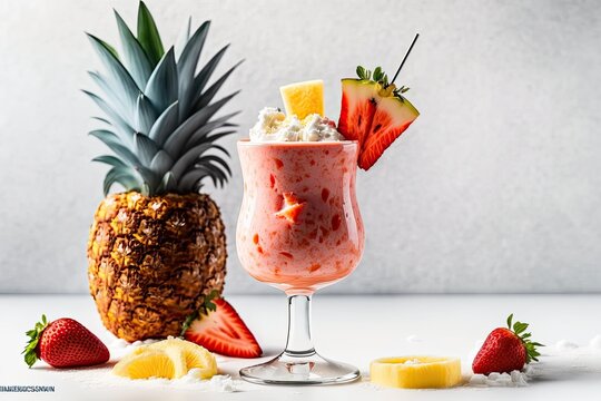 Lava Flow Cocktail: a delectable strawberry, coconut, pineapple, and rum-based summertime tropical beverage. Hawaiian drink in a glass on a white backdrop. Generative AI