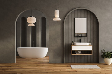 Black bathroom interior with white sink and mirror, carpet on hardwood floor, bathtub, plants. Bathing accessories and window in hotel studio. 3D rendering