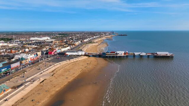 blackpool beach. Seaside golden sand sea and birds. Drone Landscape