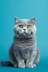 Obraz premium Adult cat sits on the floor and looks into the camera against a blue background. with free space, vertical frame. AI generated.