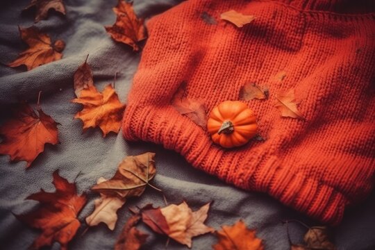 cozy autumn scene with a sweater and a pumpkin on a blanket Generative AI