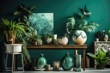 Beautiful plants in a variety of hipster and contemporary pots are displayed in a stylish living room's décor on a green shelf. a green wall. Home garden jungle with a contemporary and Generative AI