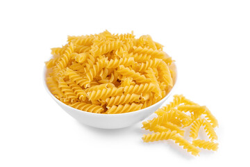 Fusilli in bowl and isolated on white background. Raw pasta spiral shape, ingredient for cook,...