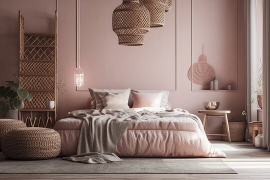 bedroom interior in soft pink tones in a mock up of a home. Generative AI