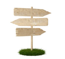 Three empty, blank wooden arrow signs on green grass patch with room for text, wooden board direction signs template isolated on white background