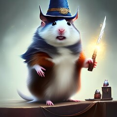depiction of an attractive wizarding hamster wearing a long robe and pointed hat. Soft and fluffy texture of hamster - generative ai