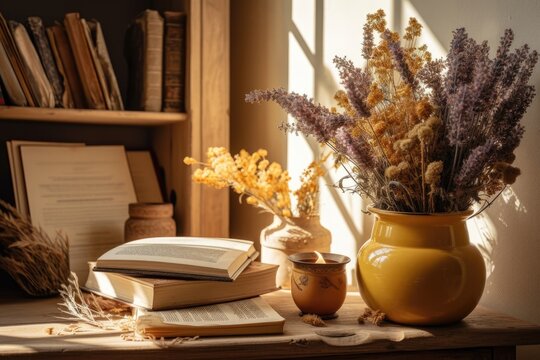 books and a dried arrangement of flowers in a vase in a room with warm lighting. Generative AI