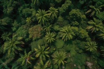 Illustration of an aerial view of a lush tropical forest with towering palm trees Generative AI