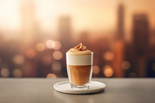 latte on a table, drink on restaurant, urban city background