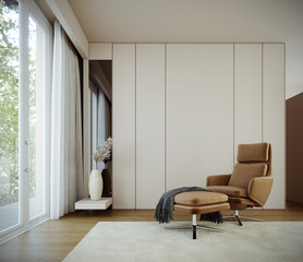 Brown leather armchair in modern home interior with empty white wall background 3D Rendering, 3D Illustration