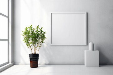 Empty frame mockup in minimalist interior with window and plant on grey sunlit wall background. Template for artwork, painting, photo or presentation. AI generated image. Generative AI