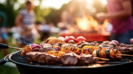 Close-up of grilled meat on bbq with blurry people having fun in background