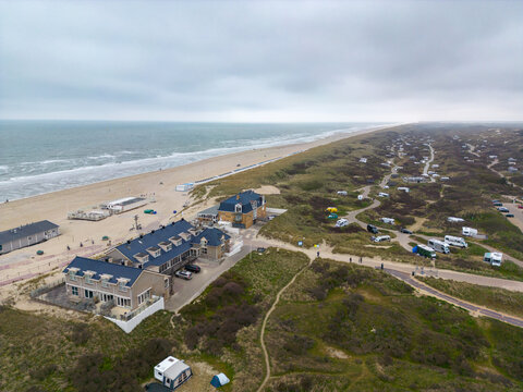 Aerial drone photo of the beach and dunes at De Koog in Texel, the Netherlands