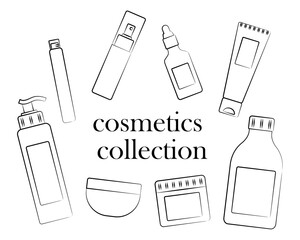 Collection of cosmetic products for hair and skin. Drawn in pencil. Shampoo conditioner and mask. Cream, filler and oil. Body gel. Hygiene and cleanliness. Spa and beauty salons. isolated item. Vector