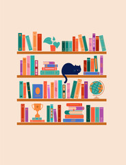 Bookshelf concept illustration. A lot of books on the shelf, clock, cat, plant and globe © Marina Zlochin