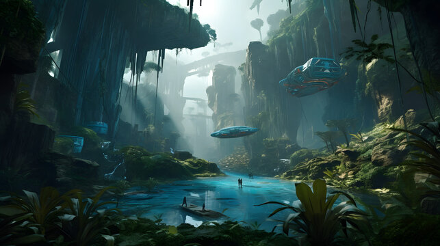 Futuristic Sci Fi Rainforest With Spaceships AI Generated