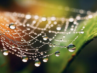 Close-up of spider web covered in dew stretched in green foliage, generated by AI Generative AI