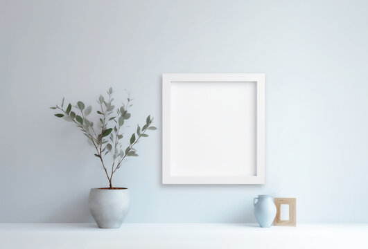 Empty square frame mockup in modern minimalist interior with plant in trendy vase on pastel blue color wall background. Template for artwork, painting, photo or presentation. AI Generative AI