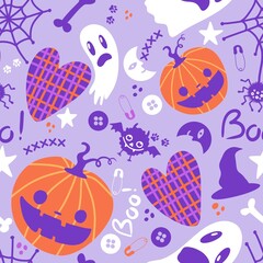 Obraz na płótnie Canvas Halloween cartoon pumpkins seamless ghost and moon and bats and spider and witch hat pattern for wrapping