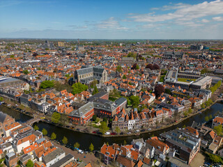 An aerial drone photo of the town centre and canals in Leiden, the Netherlands