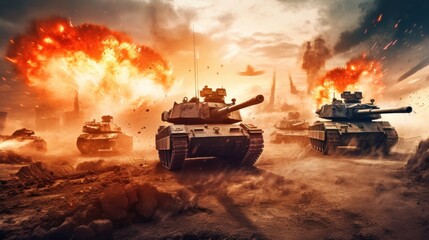 Fototapeta na wymiar Tank battle scene with armored vehicles engaging in a fierce firefight, capturing the power and destructive capabilities of modern military machinery