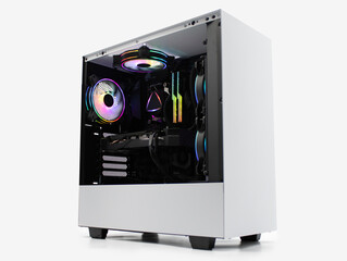 rgb gaming pc with white case on white background © grazia