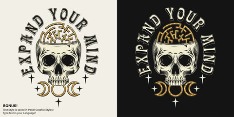 Vintage label with human skull like cup, labyrinth