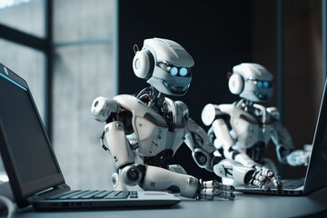 Two robots at a computer. Concept artificial intelligence, Chat GPT 4,  Chatbot