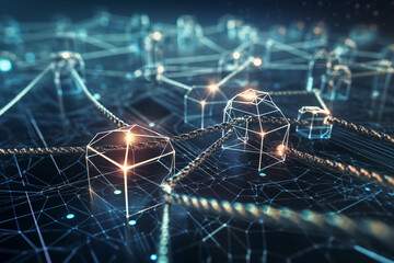 Blockchain technology. Network of interconnected nodes and blocks.