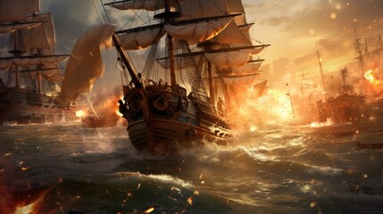 Intense naval battle scene between rival pirate ships, with cannons firing, sails billowing, and pirates swinging from ropes in a clash for supremacy
