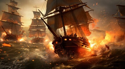 Intense naval battle scene between rival pirate ships, with cannons firing, sails billowing, and pirates swinging from ropes in a clash for supremacy