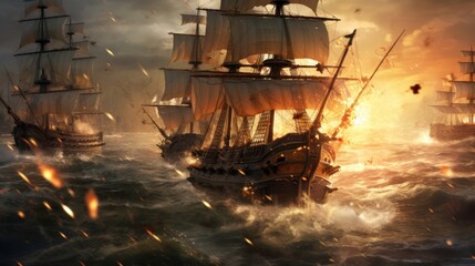 Obraz premium Intense naval battle scene between rival pirate ships, with cannons firing, sails billowing, and pirates swinging from ropes in a clash for supremacy