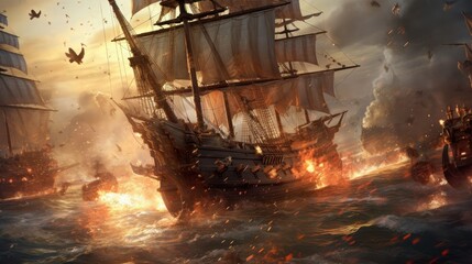 Fototapeta premium Intense naval battle scene between rival pirate ships, with cannons firing, sails billowing, and pirates swinging from ropes in a clash for supremacy
