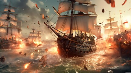 Naklejka premium Intense naval battle scene between rival pirate ships, with cannons firing, sails billowing, and pirates swinging from ropes in a clash for supremacy