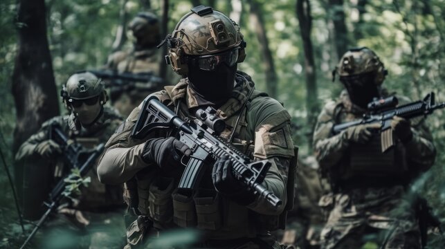 Team of elite special forces soldiers executing a covert mission behind enemy lines, showcasing their tactical skills, advanced weaponry, and stealthy maneuvers