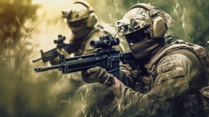 Fototapeta premium Team of elite special forces soldiers executing a covert mission behind enemy lines, showcasing their tactical skills, advanced weaponry, and stealthy maneuvers
