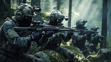 Obraz premium Team of elite special forces soldiers executing a covert mission behind enemy lines, showcasing their tactical skills, advanced weaponry, and stealthy maneuvers