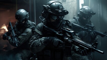 Team of elite special forces soldiers executing a covert mission behind enemy lines, showcasing their tactical skills, advanced weaponry, and stealthy maneuvers