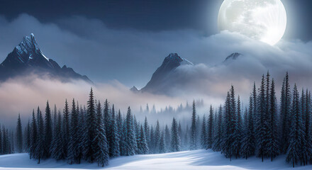 Winter forest and mountains with full moon and copy space generative ai illustration